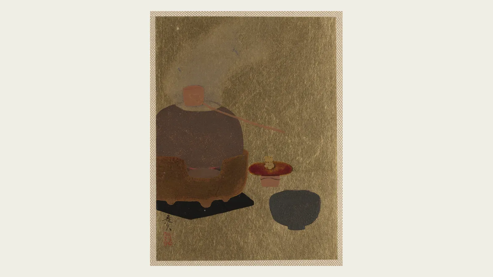 A Japanese painting on a gold ground: a brown tea kettle, a red-lidded caddy and a black bowl
