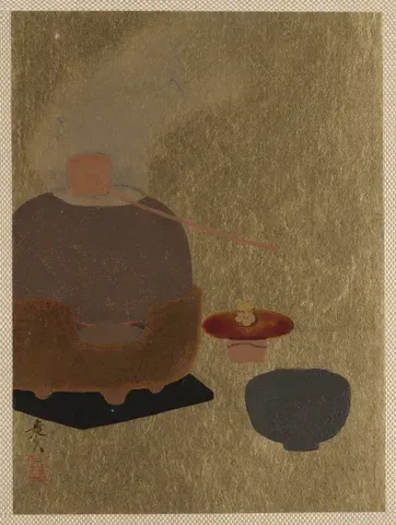 A Japanese painting on a gold ground: a brown tea kettle, a red-lidded caddy and a black bowl