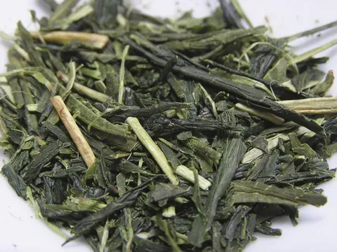 Loose aracha, dark green leaf mixed with pale stem, spread on white